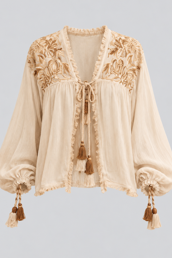 Blusa bohemia crema con borlas y bordado floral