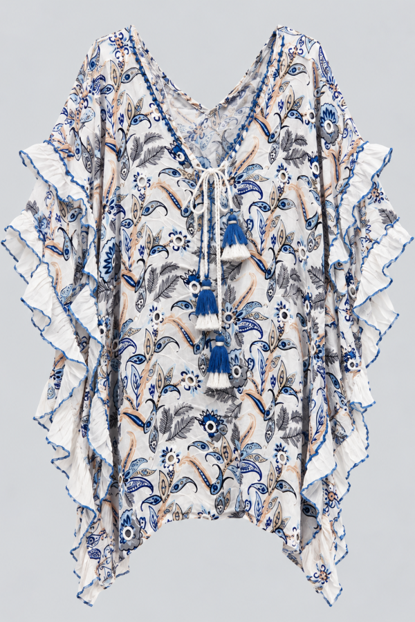 Túnica bohemia blanca con borlas azules