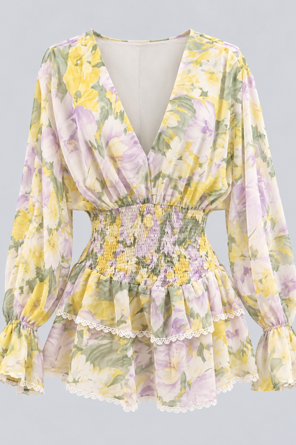 Vestido floral pastel de gasa con volantes